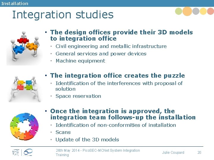 Installation Integration studies • The design offices provide their 3 D models to integration