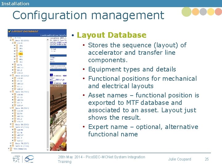 Installation Configuration management • Layout Database • Stores the sequence (layout) of accelerator and