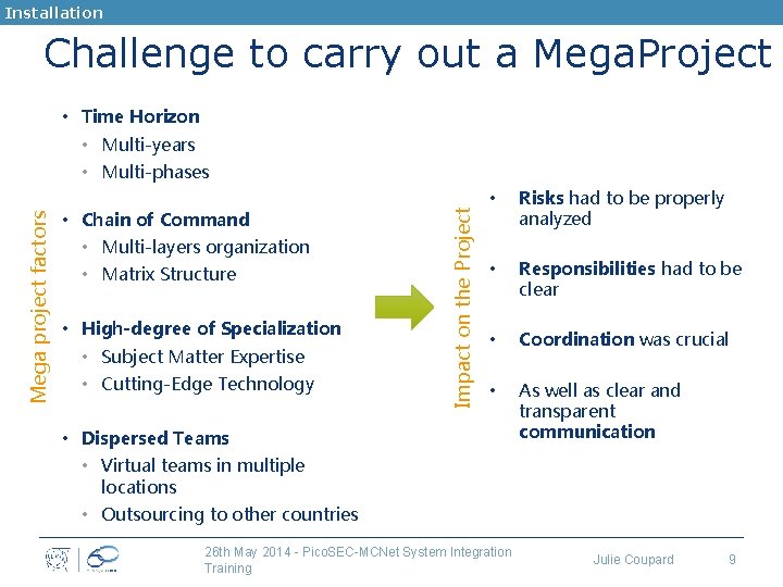 Installation Challenge to carry out a Mega. Project • Time Horizon • Multi-years •
