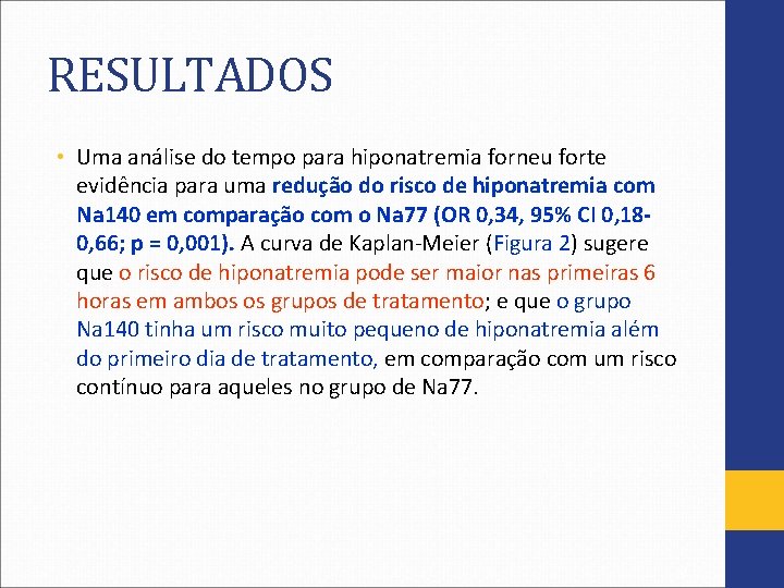 RESULTADOS • Uma análise do tempo para hiponatremia forneu forte evidência para uma redução