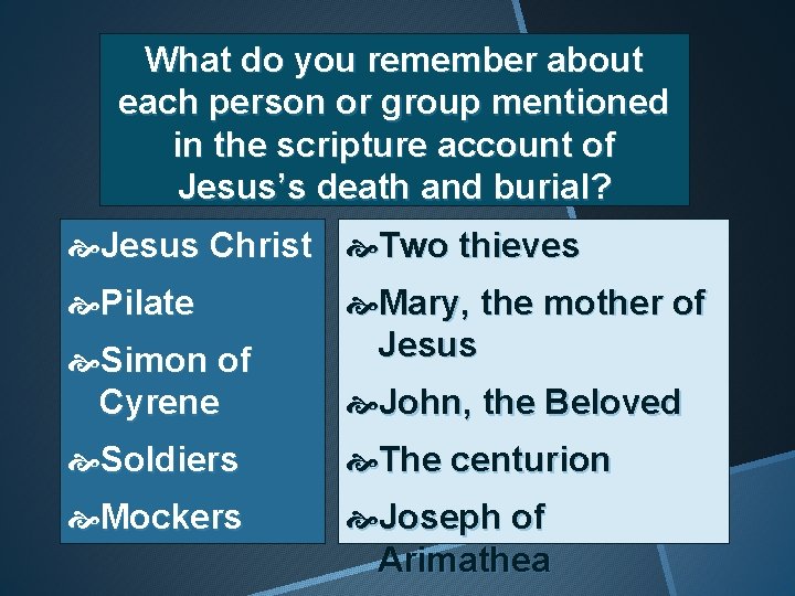 What do you remember about each person or group mentioned in the scripture account