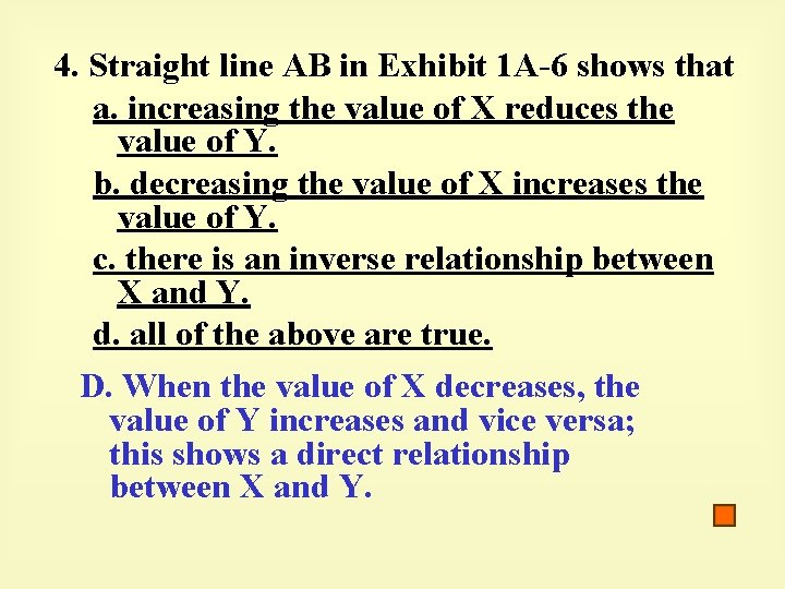 4. Straight line AB in Exhibit 1 A-6 shows that a. increasing the value