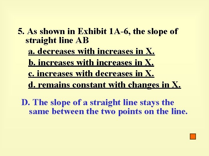 5. As shown in Exhibit 1 A-6, the slope of straight line AB a.