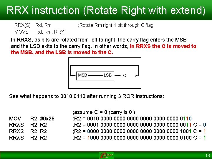 RRX instruction (Rotate Right with extend) RRX(S) MOVS Rd, Rm, RRX ; Rotate Rm