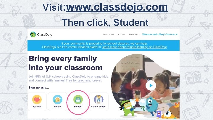 Visit: www. classdojo. com Then click, Student 14 