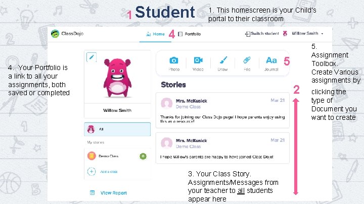 1 Student 1. This homescreen is your Child’s portal to their classroom 4 Homescreen