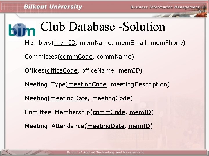Club Database -Solution Members(mem. ID, mem. Name, mem. Email, mem. Phone) Commitees(comm. Code, comm.