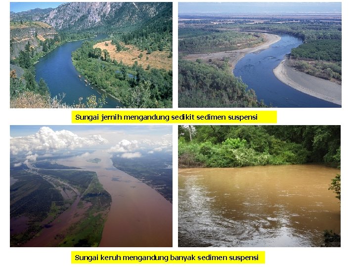 Sungai jernih mengandung sedikit sedimen suspensi Sungai keruh mengandung banyak sedimen suspensi 