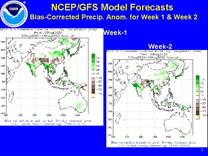 NCEP/GFS Model Forecasts Bias-Corrected Precip. Anom. for Week 1 & Week 2 Week-1 Week-2