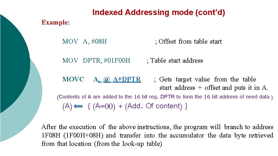 Indexed Addressing mode (cont’d) Example: MOV A, #08 H MOV DPTR, #01 F 00