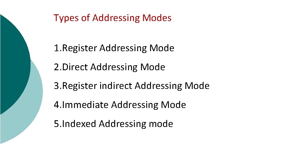 Types of Addressing Modes 1. Register Addressing Mode 2. Direct Addressing Mode 3. Register