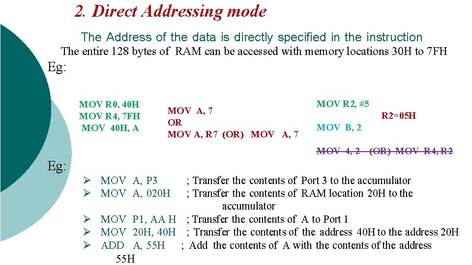 2. Direct Addressing mode The Address of the data is directly specified in the