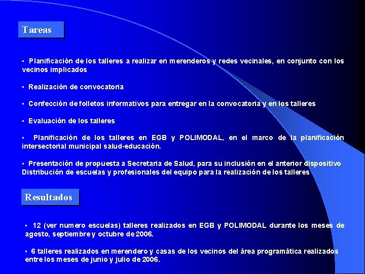 Tareas • Planificación de los talleres a realizar en merenderos y redes vecinales, en