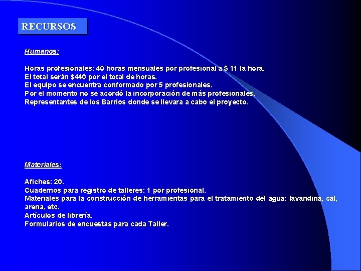 RECURSOS Humanos: Horas profesionales: 40 horas mensuales por profesional a $ 11 la hora.