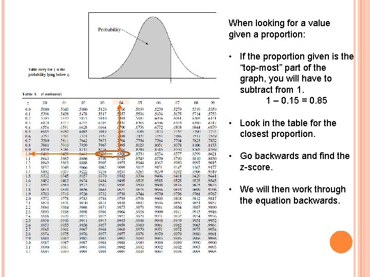 When looking for a value given a proportion: • If the proportion given is