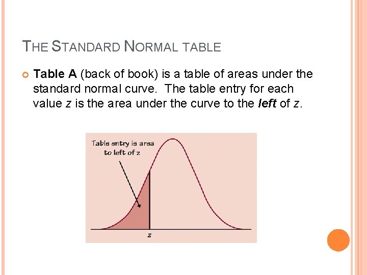 THE STANDARD NORMAL TABLE Table A (back of book) is a table of areas