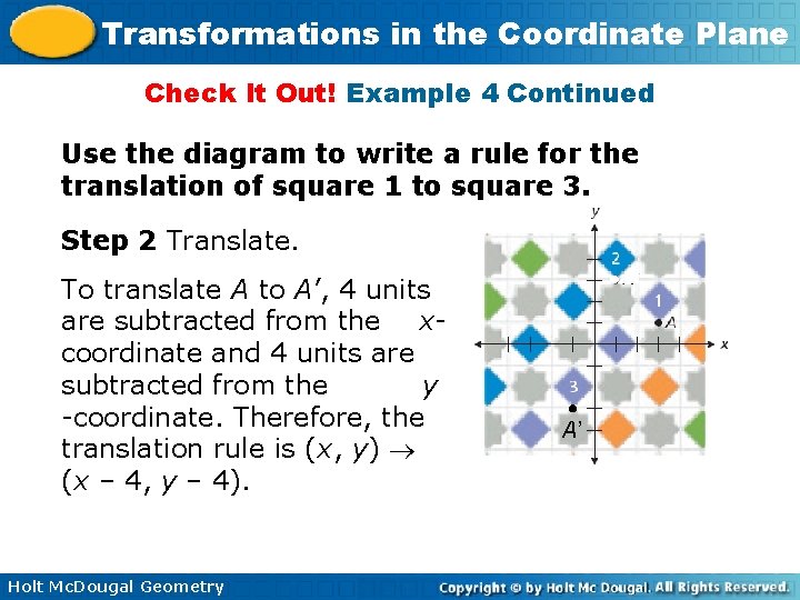 Transformations in the Coordinate Plane Check It Out! Example 4 Continued Use the diagram