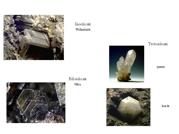 Inosilicati Wollastonite Tectosilicati quarzo Fillosilicati Mica leucite 