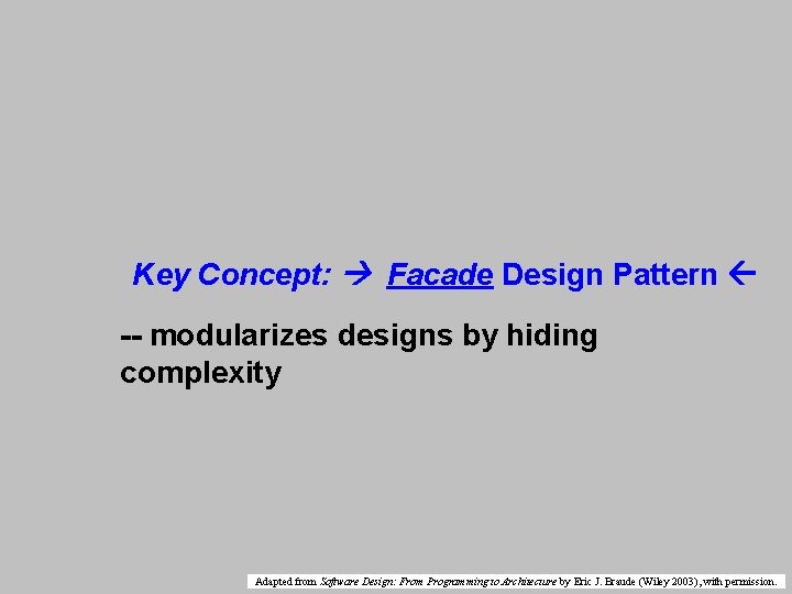 Key Concept: Facade Design Pattern -- modularizes designs by hiding complexity Adapted from Software