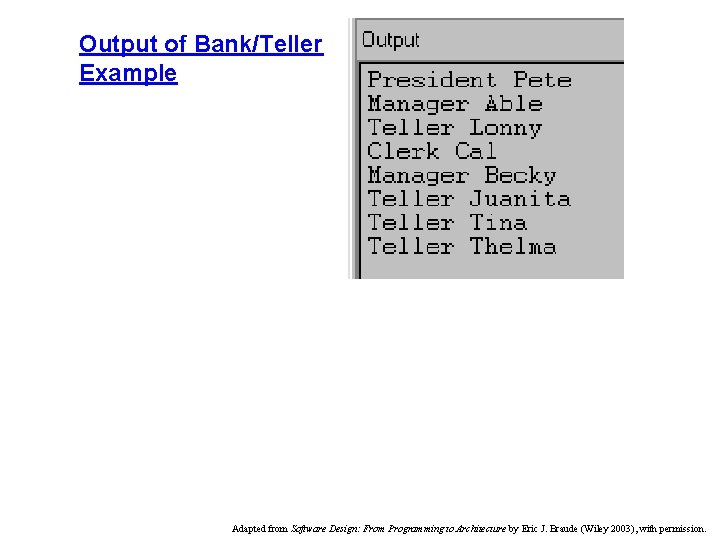 Output of Bank/Teller Example Adapted from Software Design: From Programming to Architecture by Eric