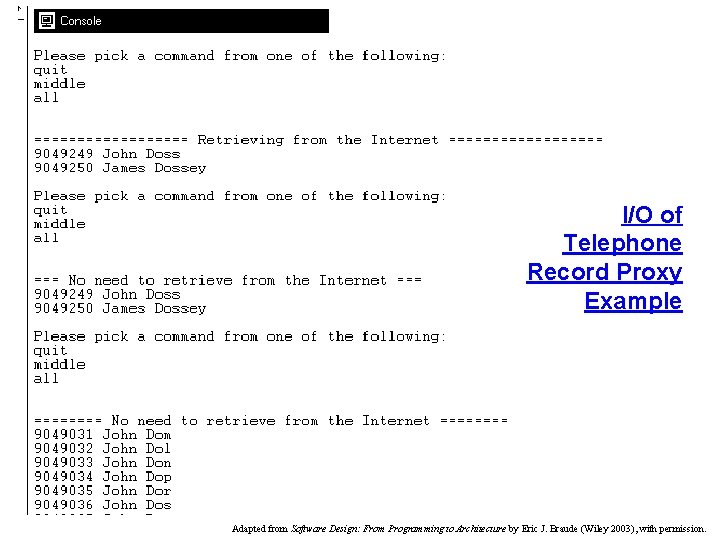 I/O of Telephone Record Proxy Example Adapted from Software Design: From Programming to Architecture