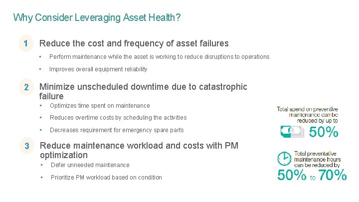 Why Consider Leveraging Asset Health? 1 2 3 Reduce the cost and frequency of