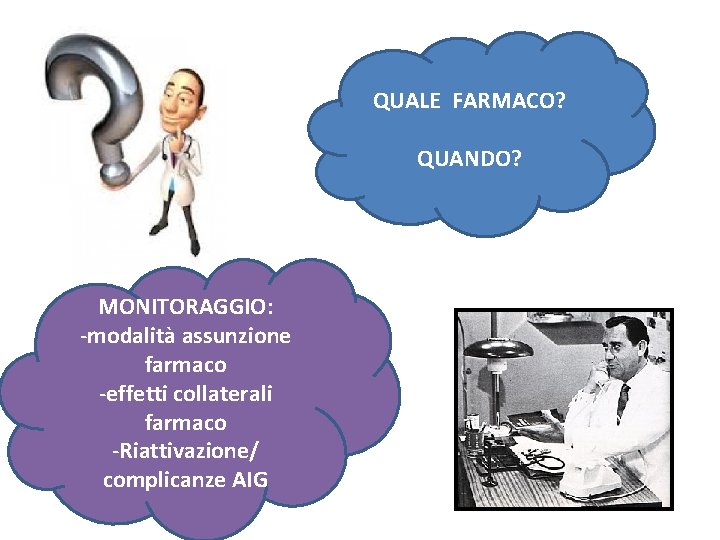 QUALE FARMACO? QUANDO? MONITORAGGIO: -modalità assunzione farmaco -effetti collaterali farmaco -Riattivazione/ complicanze AIG 