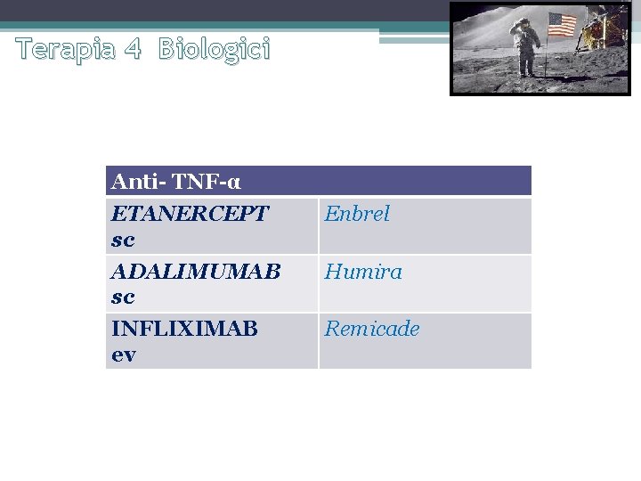 Terapia 4 Biologici Anti- TNF-α ETANERCEPT sc Enbrel ADALIMUMAB sc Humira INFLIXIMAB ev Remicade