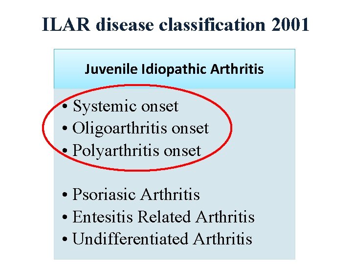 ILAR disease classification 2001 Juvenile Idiopathic Arthritis • Systemic onset • Oligoarthritis onset •