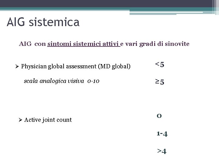 AIG sistemica AIG con sintomi sistemici attivi e vari gradi di sinovite Ø Physician