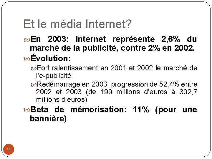 Et le média Internet? En 2003: Internet représente 2, 6% du marché de la