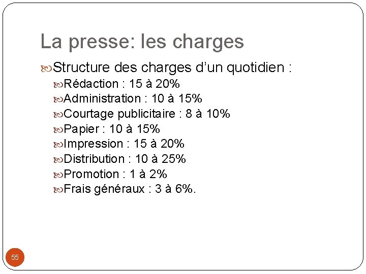 La presse: les charges Structure des charges d’un quotidien : Rédaction : 15 à