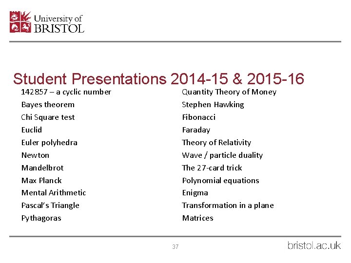 Student Presentations 2014 -15 & 2015 -16 142857 – a cyclic number Bayes theorem