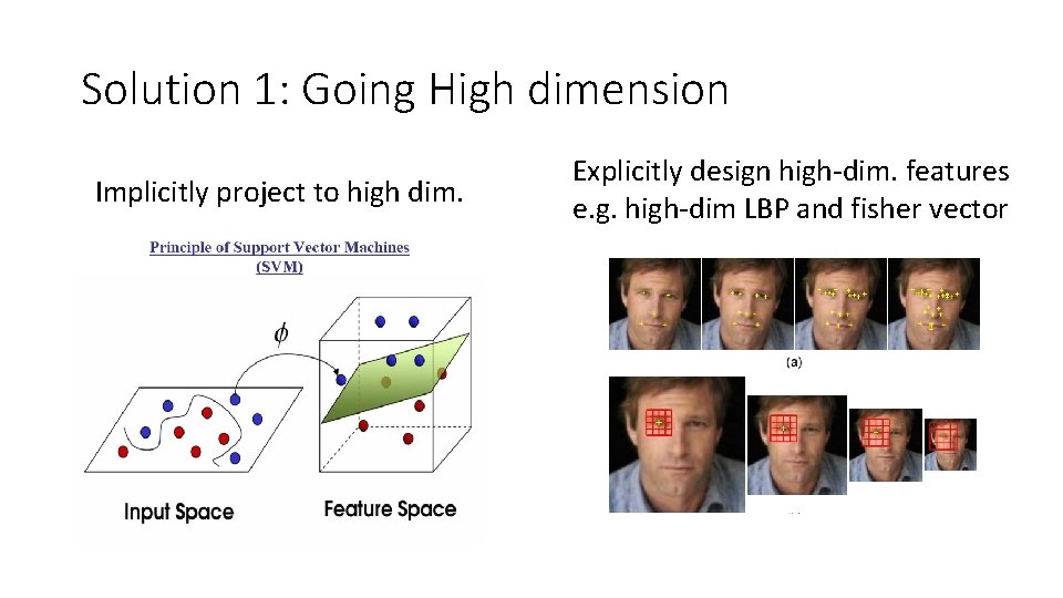 Solution 1: Going High dimension Implicitly project to high dim. Explicitly design high-dim. features