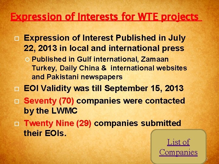 Expression of Interests for WTE projects Expression of Interest Published in July 22, 2013