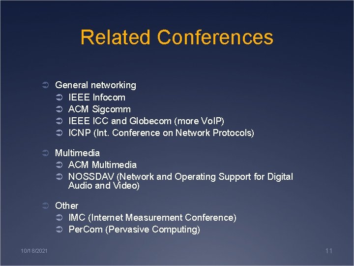 Related Conferences Ü General networking Ü IEEE Infocom Ü ACM Sigcomm Ü IEEE ICC