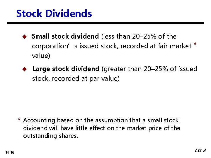 Stock Dividends u Small stock dividend (less than 20– 25% of the corporation’s issued