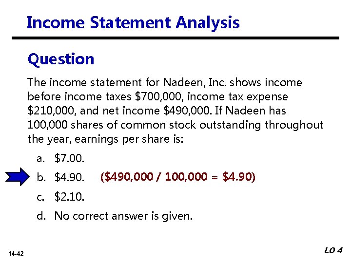 Income Statement Analysis Question The income statement for Nadeen, Inc. shows income before income
