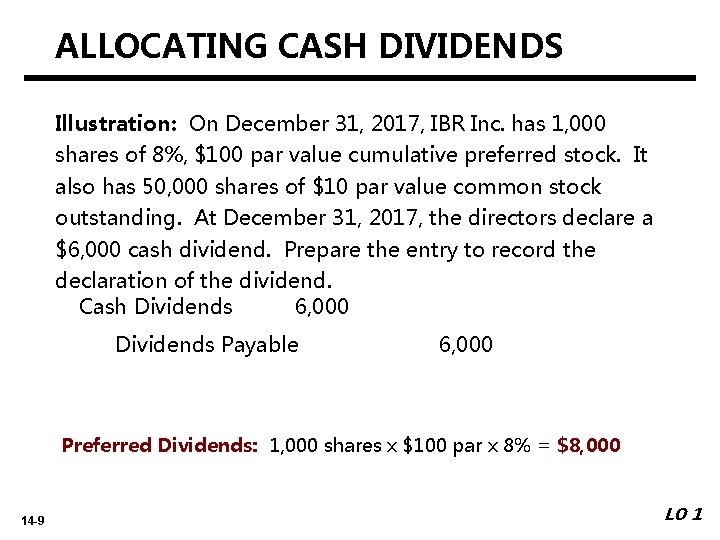 ALLOCATING CASH DIVIDENDS Illustration: On December 31, 2017, IBR Inc. has 1, 000 shares