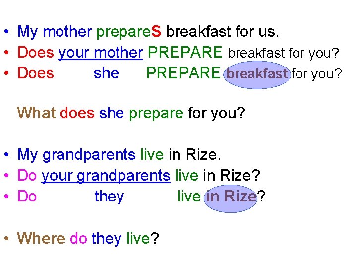  • My mother prepare. S breakfast for us. • Does your mother PREPARE