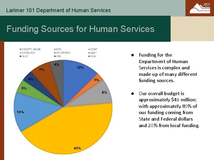 Larimer 101 Department of Human Services Funding Sources for Human Services ● Funding for