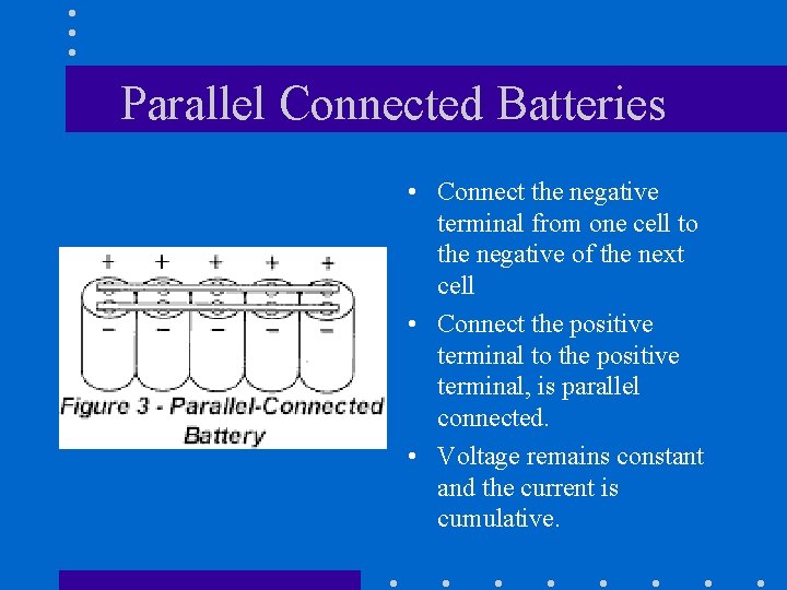 Parallel Connected Batteries • Connect the negative terminal from one cell to the negative