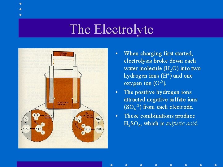 The Electrolyte • When charging first started, electrolysis broke down each water molecule (H