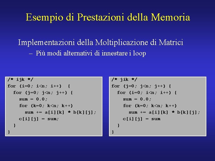 Esempio di Prestazioni della Memoria Implementazioni della Moltiplicazione di Matrici – Più modi alternativi