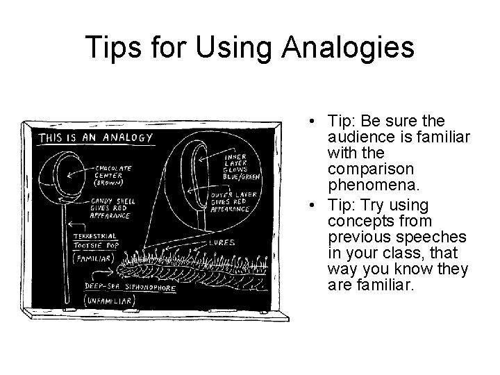 Tips for Using Analogies • Tip: Be sure the audience is familiar with the