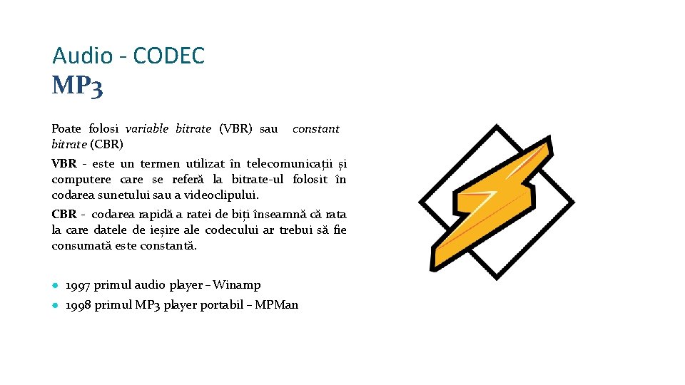 Audio - CODEC MP 3 Poate folosi variable bitrate (VBR) sau bitrate (CBR) constant