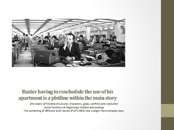 Baxter having to reschedule the use of his apartment is a plotline within the