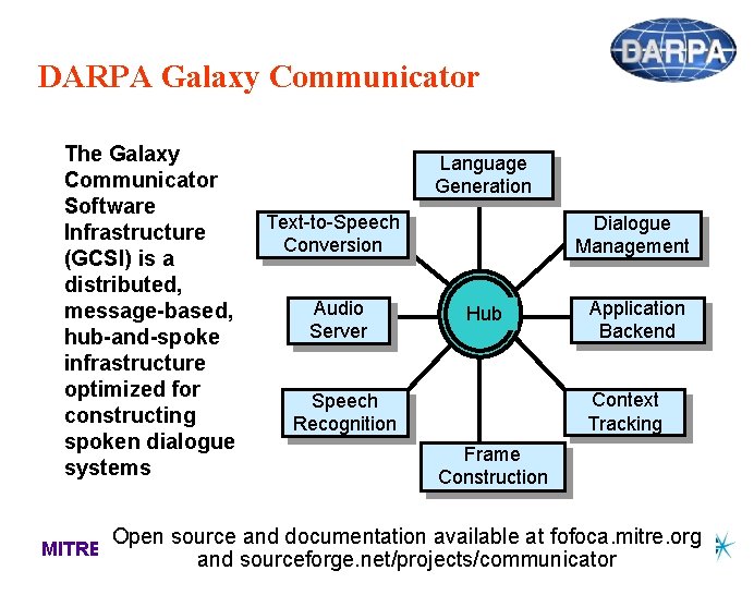 DARPA Galaxy Communicator The Galaxy Communicator Software Infrastructure (GCSI) is a distributed, message-based, hub-and-spoke DARPA Galaxy Communicator The Galaxy Communicator Software Infrastructure (GCSI) is a distributed, message-based, hub-and-spoke