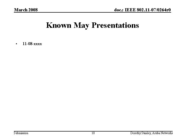 March 2008 doc. : IEEE 802. 11 -07/0264 r 0 Known May Presentations •
