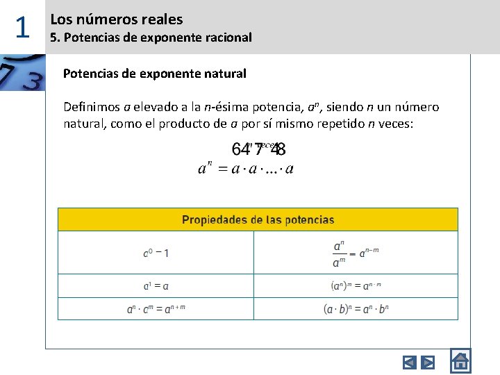 1 Los números reales 5. Potencias de exponente racional Potencias de exponente natural Definimos